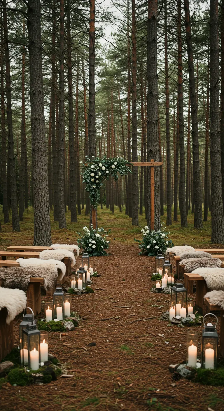 Buiten ceremoniepad in bos met houten bankjes, vachtjes en lantaarns.