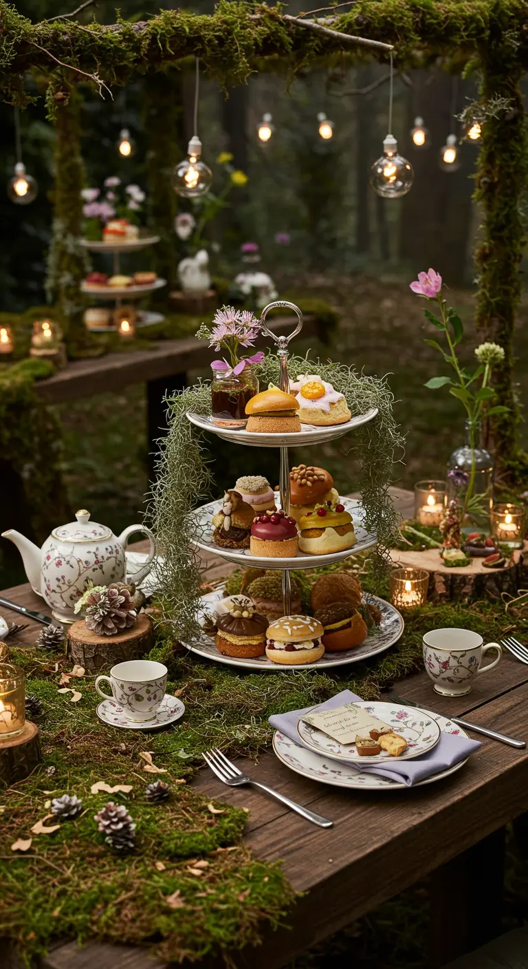 Sprookjesachtige high tea in bos-thema met mos, boomstamschijfjes en veel kaarslicht.
