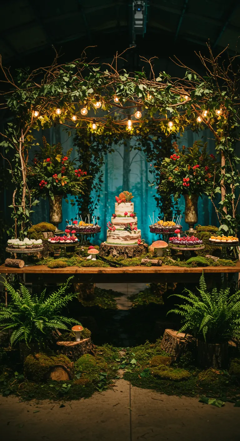 Taarttafel in bosthema met mos, varens, lichtjes en een naked cake.