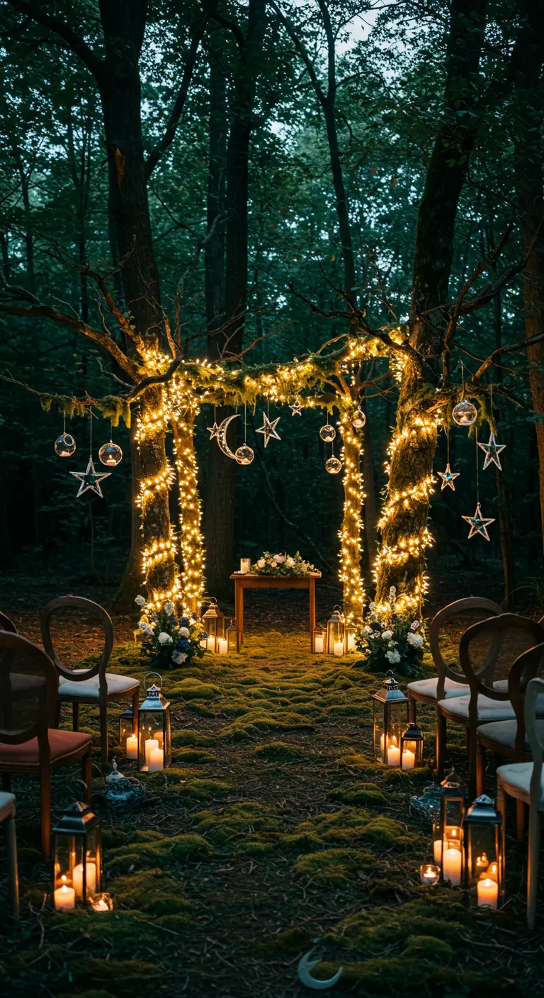 Bostrouwceremonie met verlichte bomen, hangende sterren en lantaarns op mos.