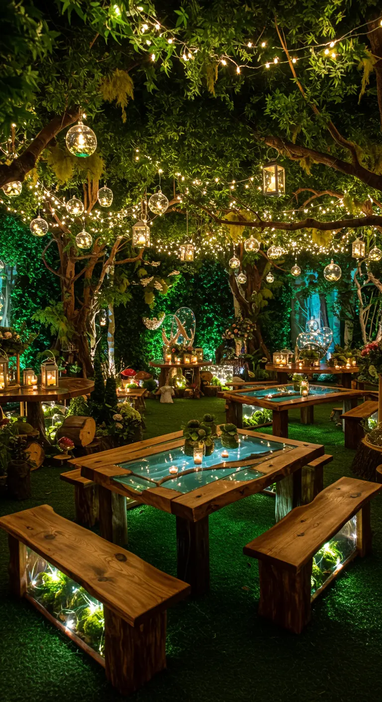 Sprookjesachtige bostuin met houten tafels met glazen inzetstukken gevuld met lichtjes en mos.