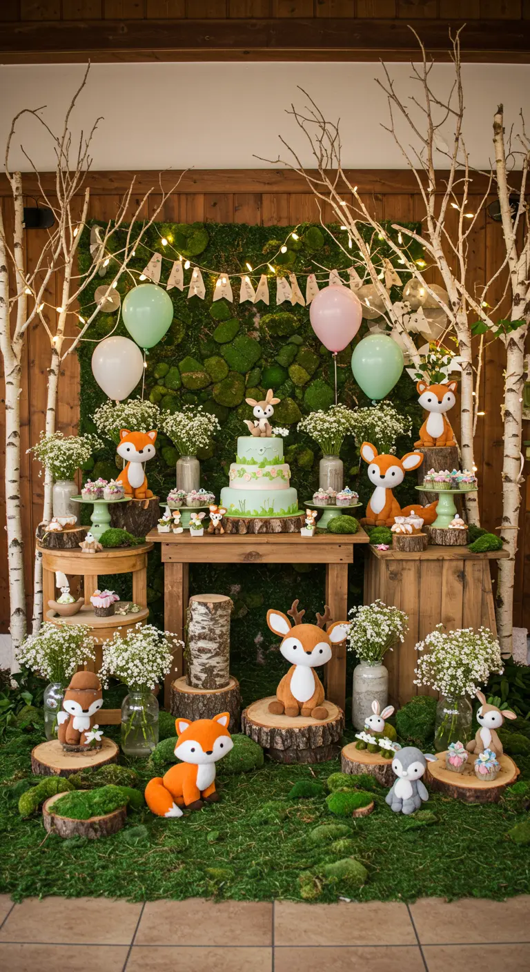 Babyshower met bosdieren thema, mos, berkenstammen en pastelaccenten.