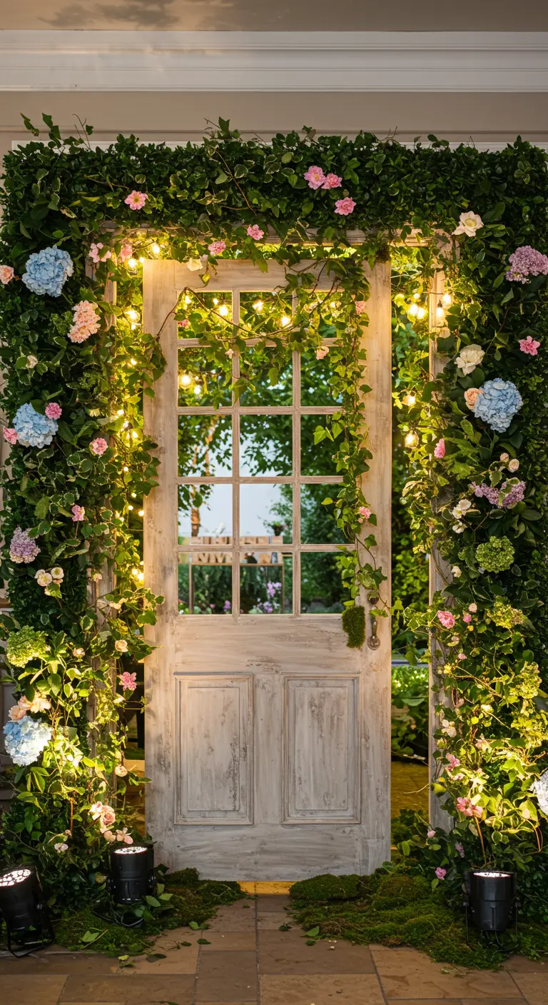 Oude houten deur omlijst met weelderig groen, bloemen en lichtjes als feestentree.