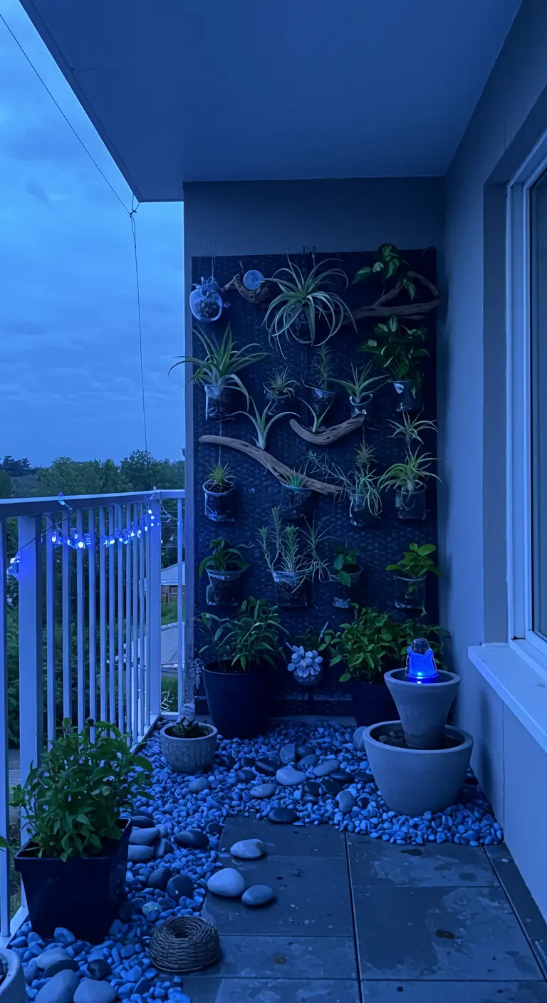Balkon met blauw grind, een artistieke plantenwand met drijfhout en een kleine verlichte fontein.