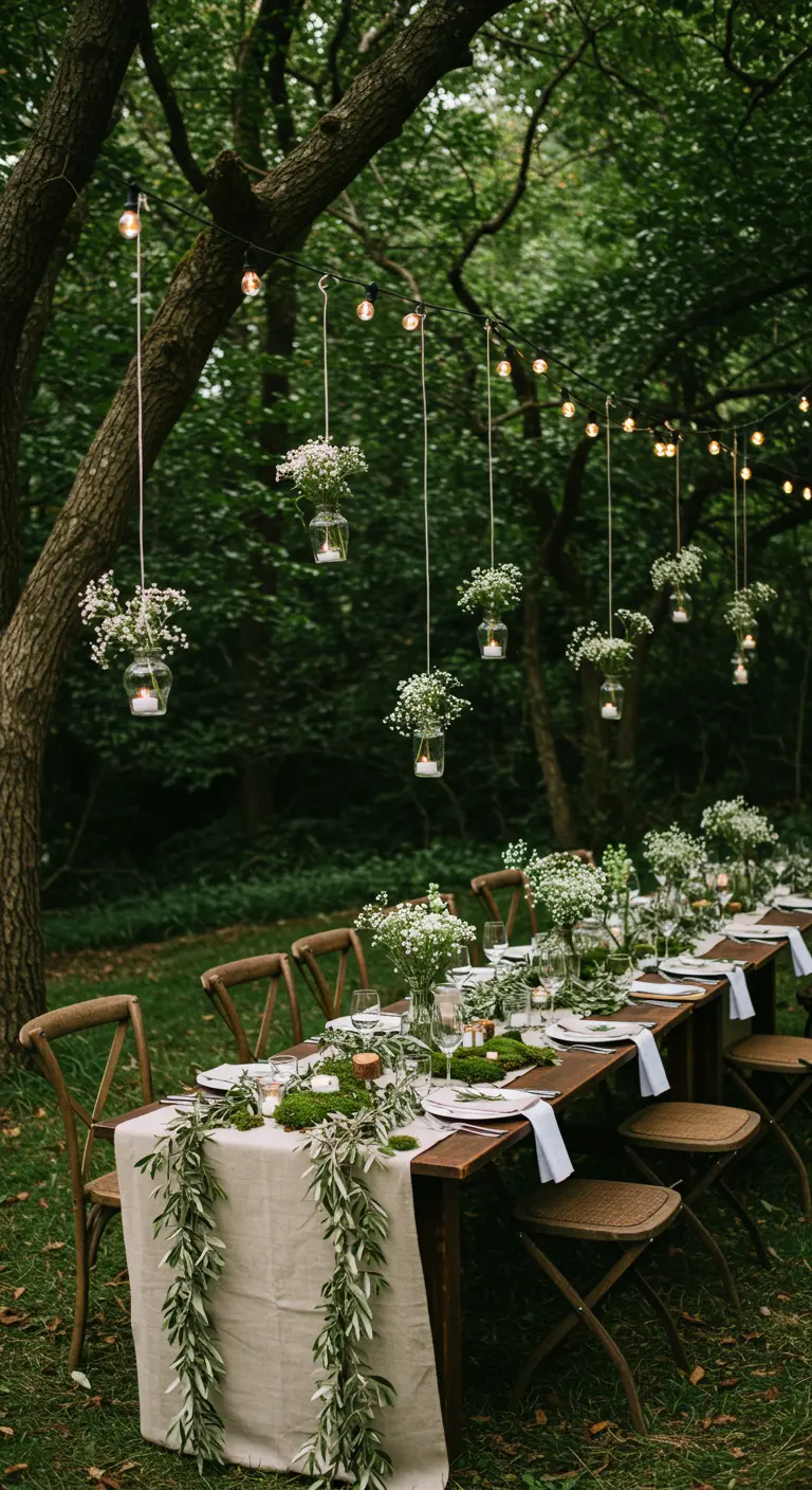 Dinnertafel in bos met hangende bloempotten en lichtslingers.