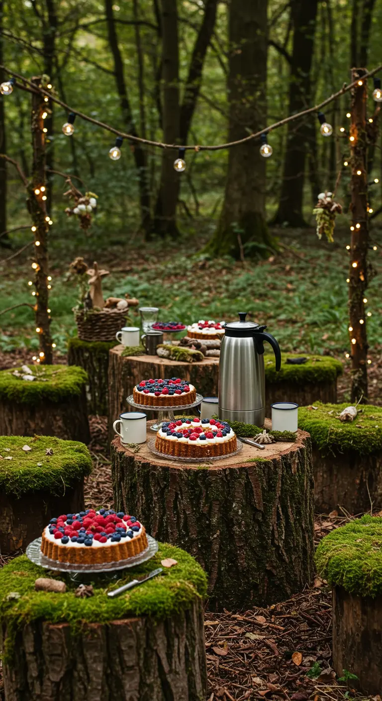 Koffie en bessentaarten op boomstammen in een bos met lichtslingers.