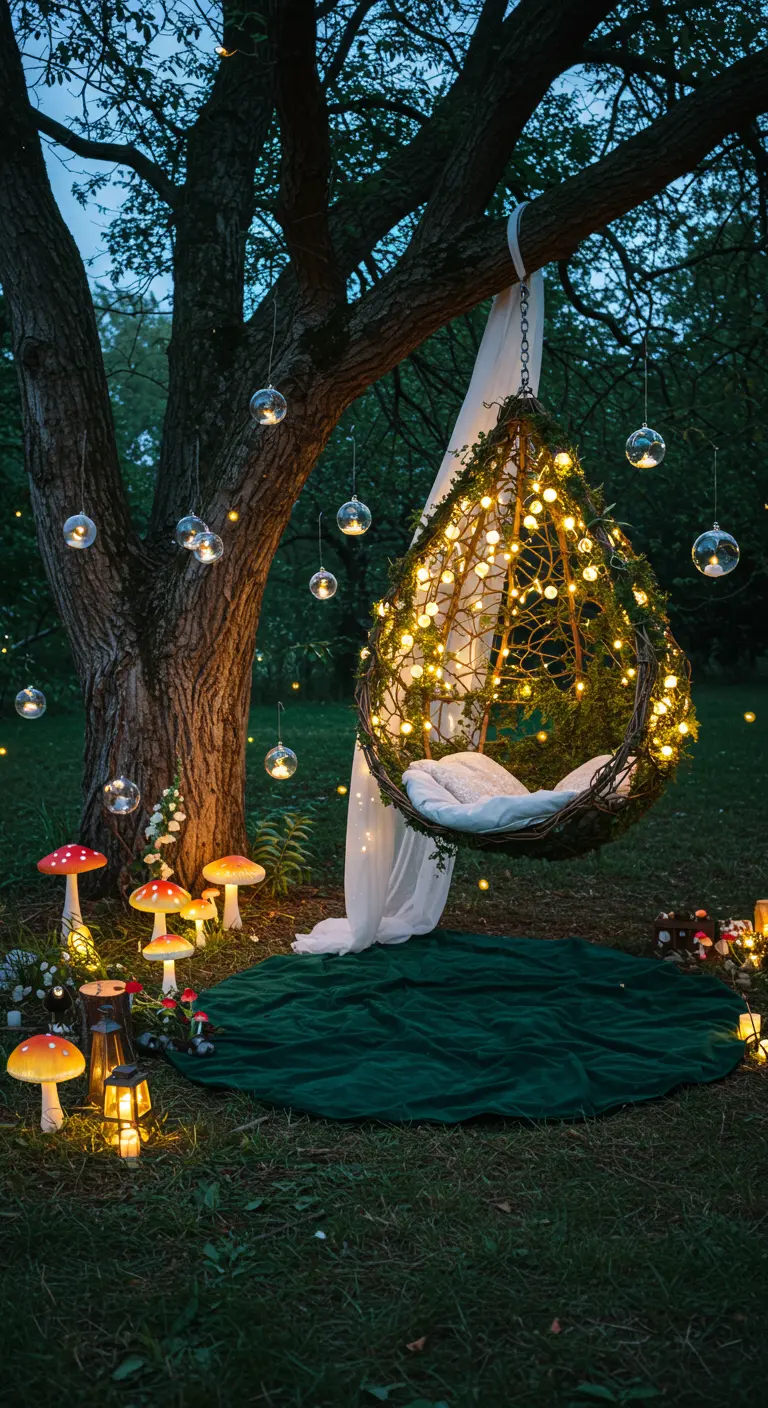 Sprookjesachtige hangstoel in het bos met een groen kleed, lichtjes en paddenstoel decoraties.