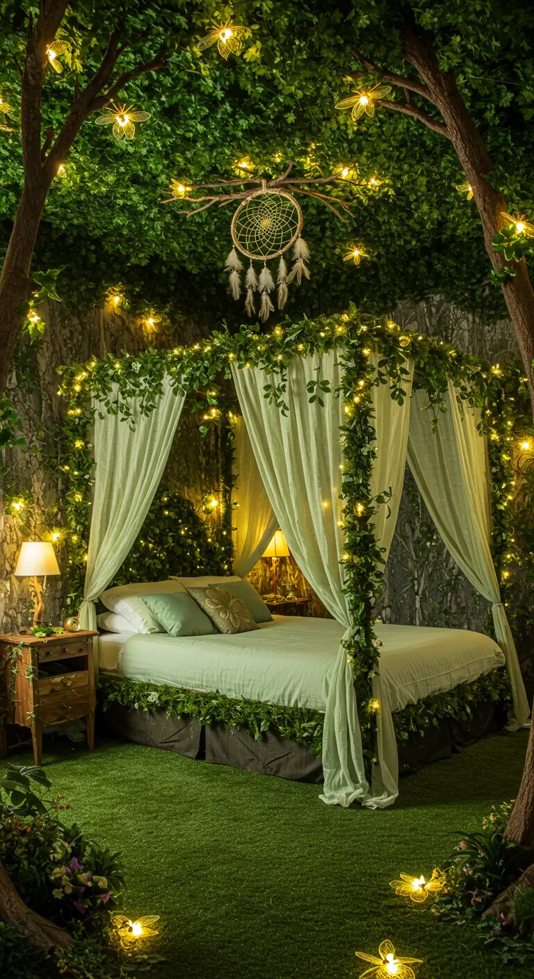 Sprookjesbos slaapkamer met groen bed, overdadig groen, dromenvanger en sfeervolle lichtjes.