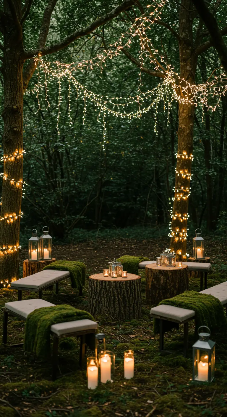 Sprookjesachtige boslounge met boomstammen, banken, lantaarns en duizenden kleine lichtjes.