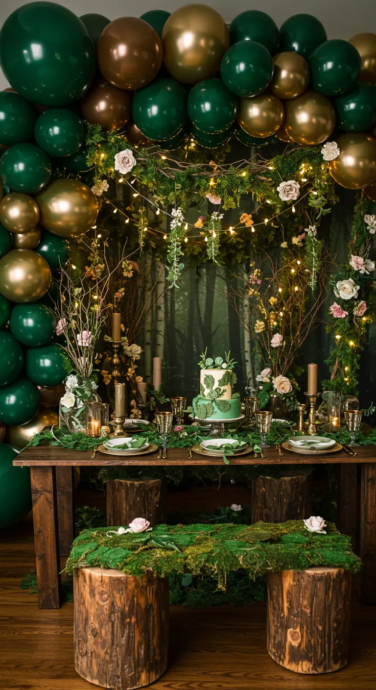Eettafel in bos thema met groene en gouden ballonnen, slingers, boomstam zitjes en sprookjeslichtjes.
