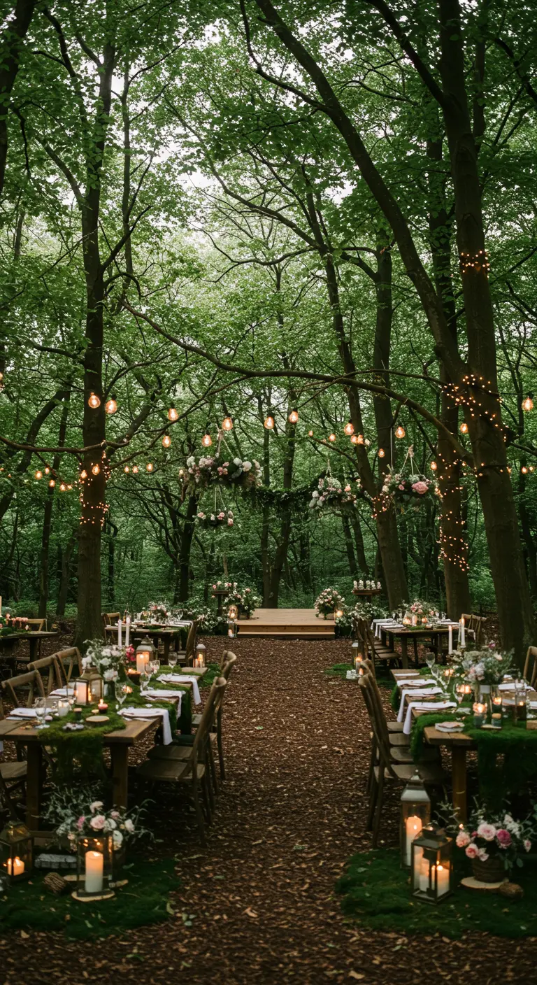 Trouwceremonie en receptie in een bos, versierd met lichtsnoeren, bloemen en kaarsen.