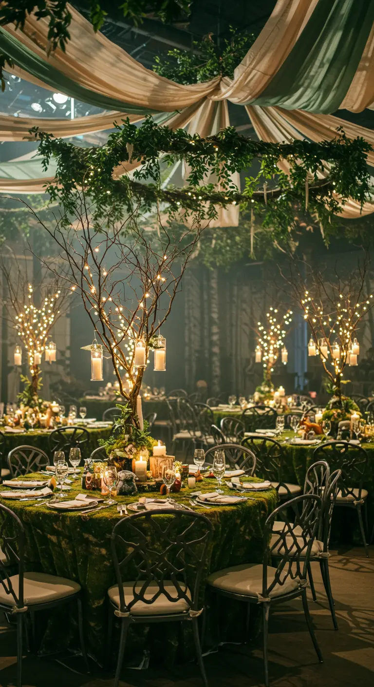 Feestzaal met bos-thema, inclusief bomen met lichtjes als centerpieces en mos op tafel.