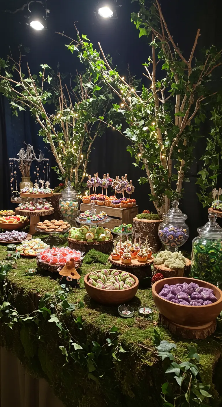 Sprookjesachtige desserttafel met bosthema, mos, takken en kleurrijke snoepjes.