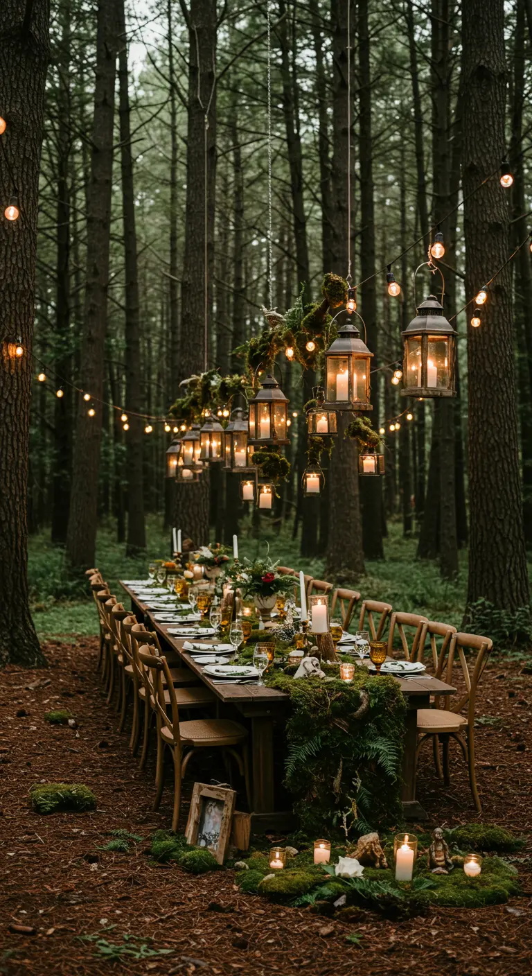Lange tafel in bos met hangende lantaarns en mosdecoratie.