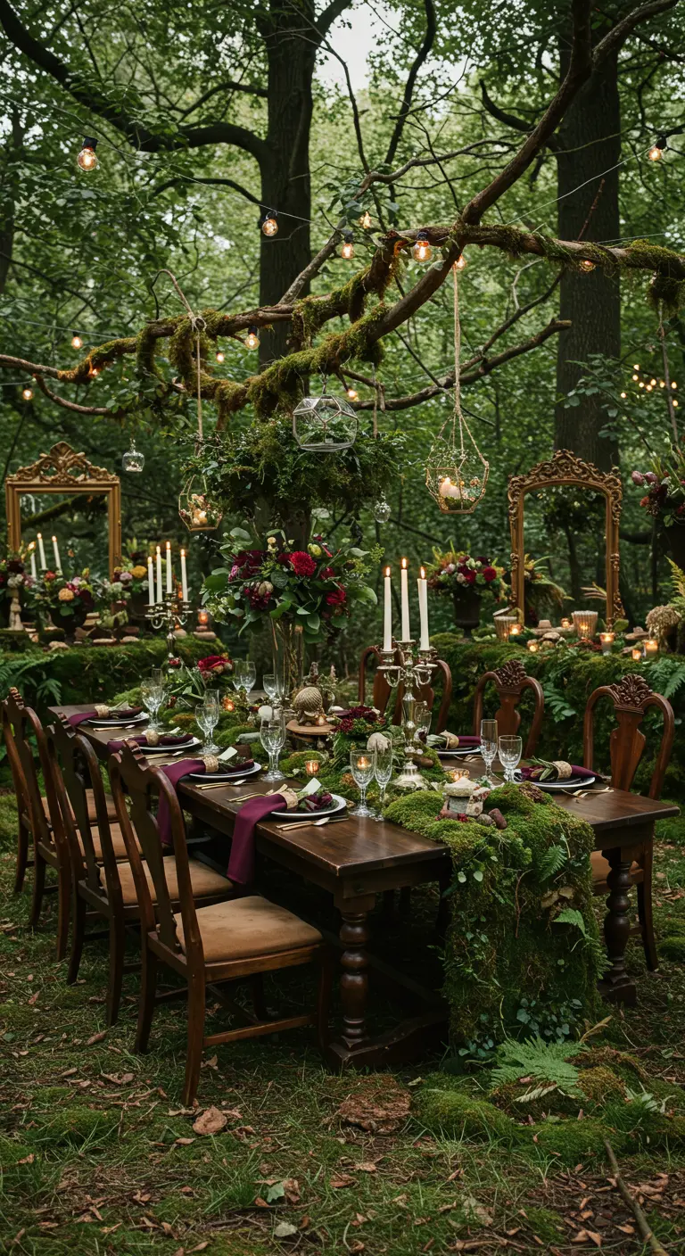Magische bostafel met mos, kaarsen en vintage decoraties.