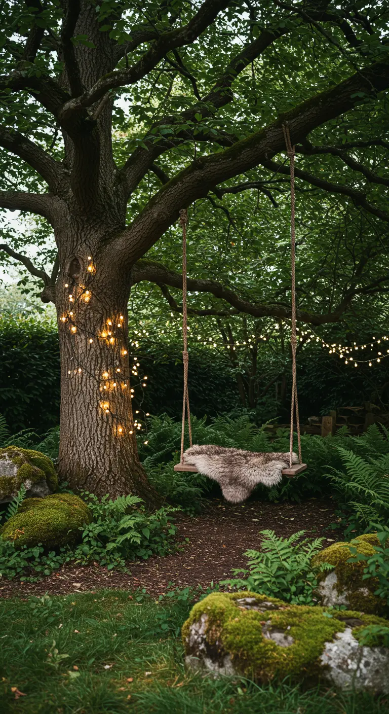 Houten schommel met schapenvacht onder een boom met lichtjes in een bosrijke setting.