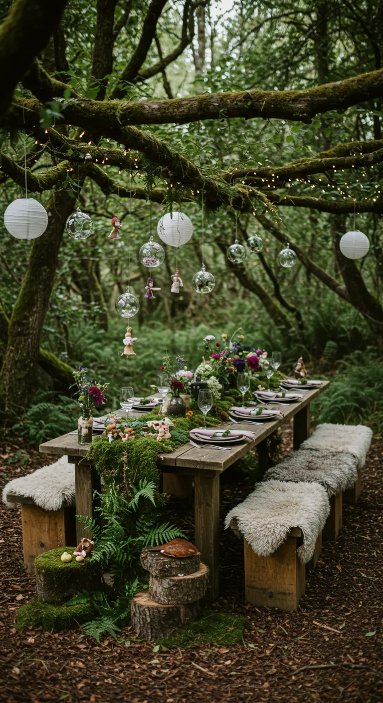 Sprookjesachtige bosontbijt setting met mos, lampionnen en natuurlijke decoraties.