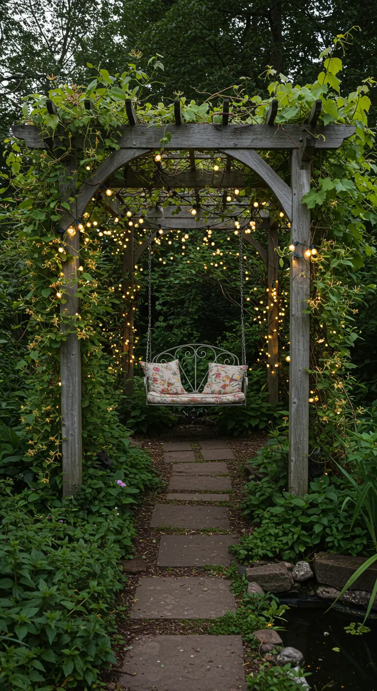 Pergola in het bos overwoekerd met klimop, een schommelbank met kussens en duizenden fairy lights.