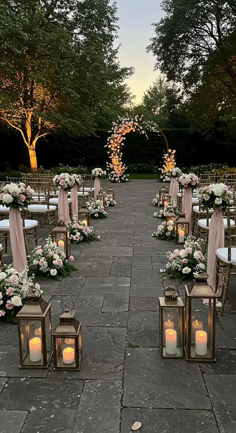 Trouwceremoniepad buiten met lantaarns, roze bloemstukken aan stoelen en bloemenboog.