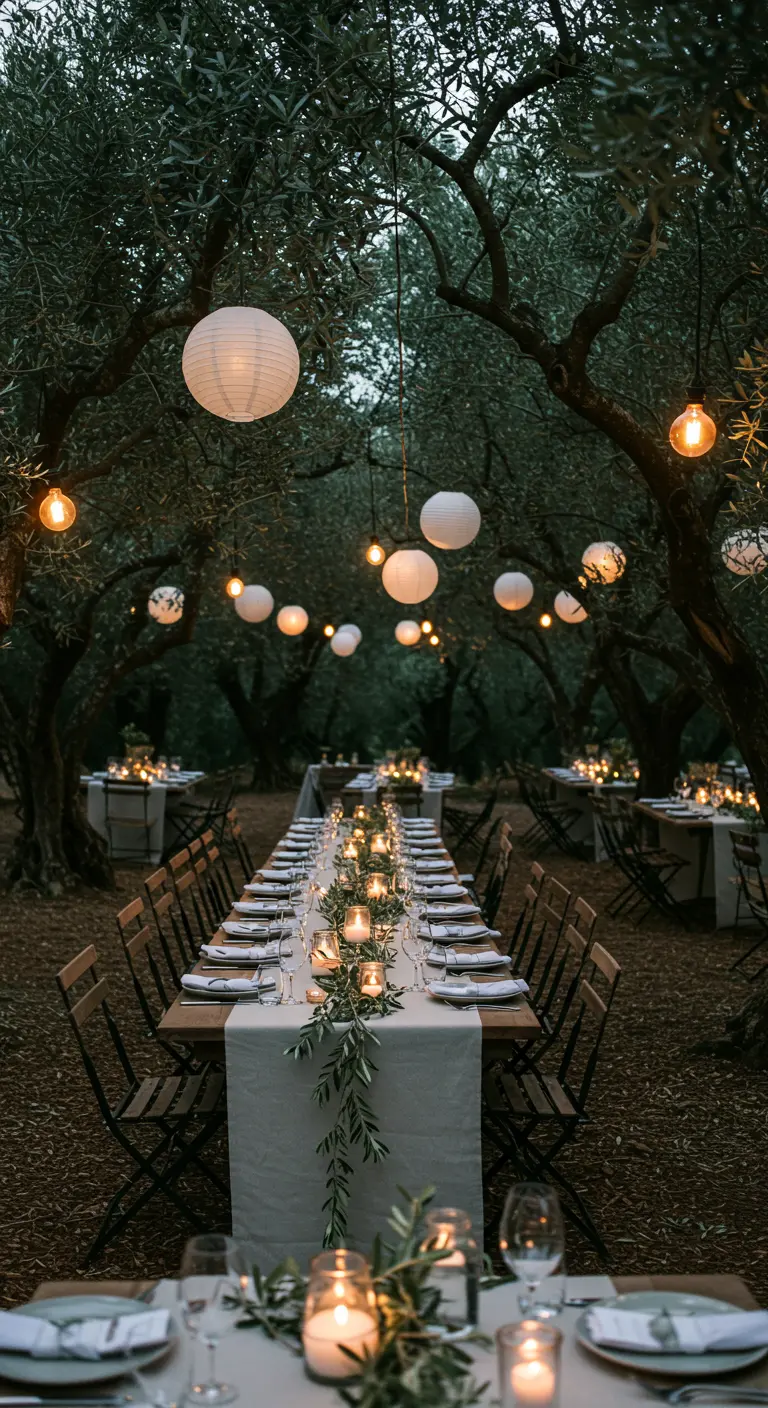 Dinnertafel in olijfgaard met hangende lampionnen en lichtslingers.