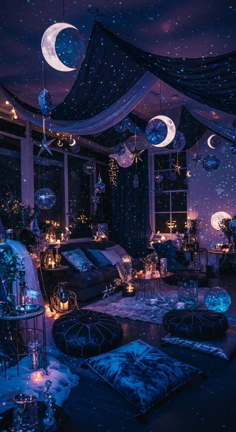 Donkere kamer versierd met een kosmisch thema, inclusief manen, sterren en blauwe verlichting.