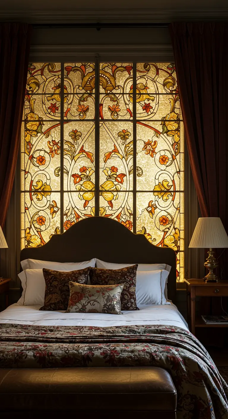 Verlicht glas-in-lood paneel met bloemmotieven als artistiek hoofdbord.