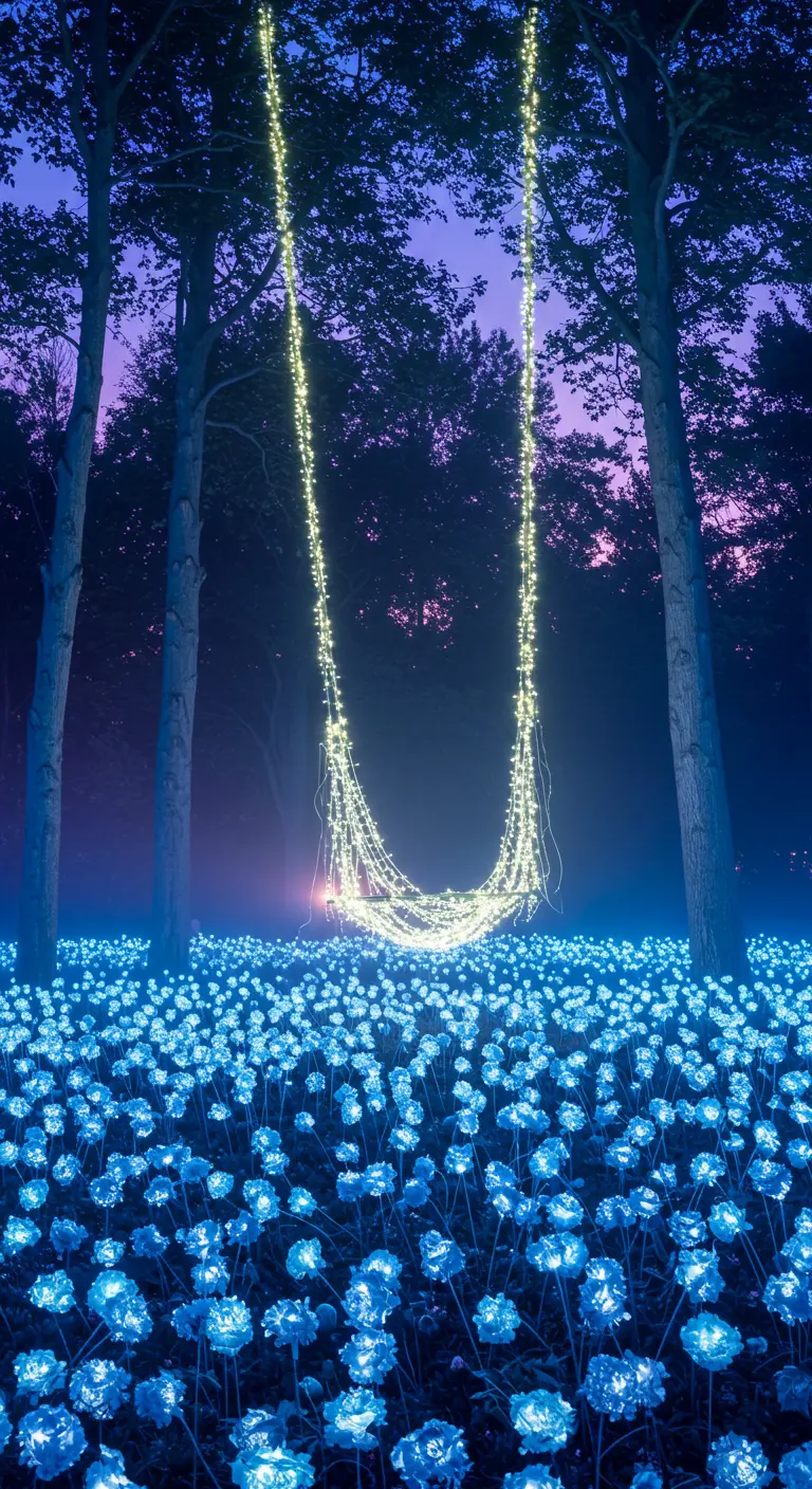 Schommel gemaakt van lichtslingers in een donker bos, boven een veld van lichtgevende bloemen.