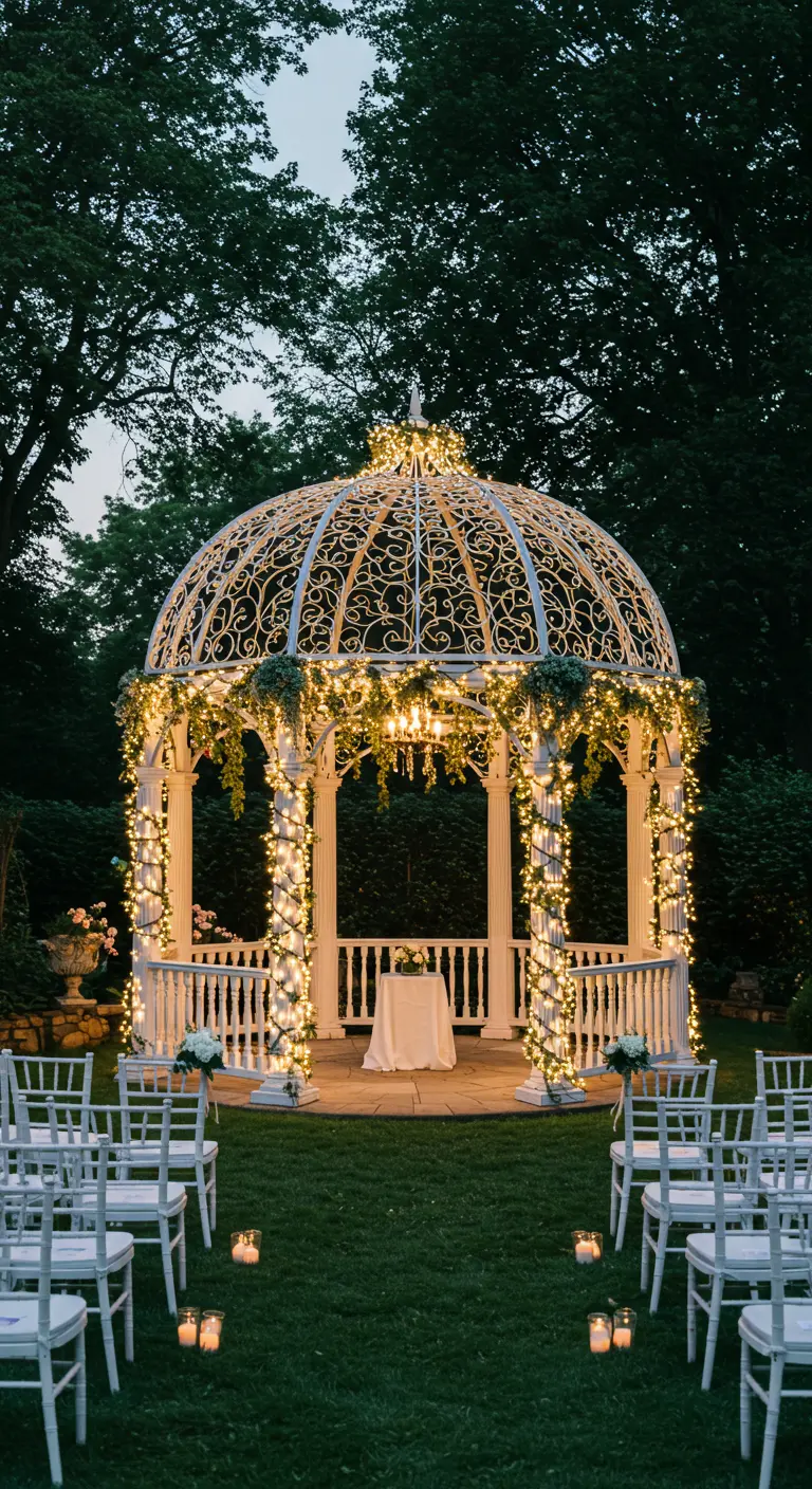 Wit prieel in tuin, versierd met lichtslingers en bloemen voor een ceremonie.