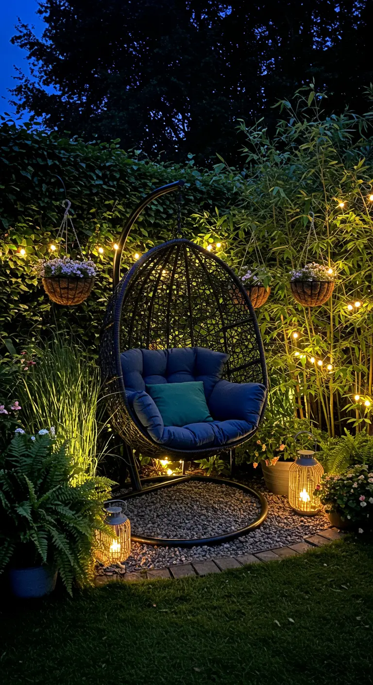 Zwarte hangstoel 's avonds in tuin met bamboe, hangplanten en veel sfeerverlichting.