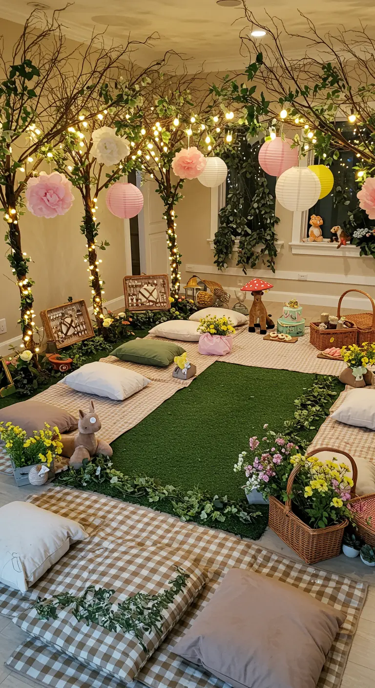 Woonkamer ingericht als binnenpicknick met kleden, kussens en (kunst)bomen met lichtjes.