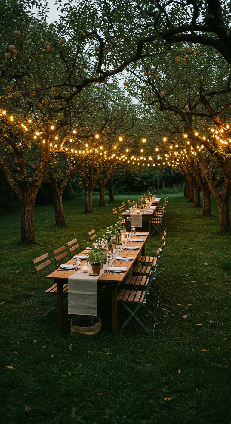 Lange dinertafels onder fruitbomen, verlicht met honderden lichtslingers.