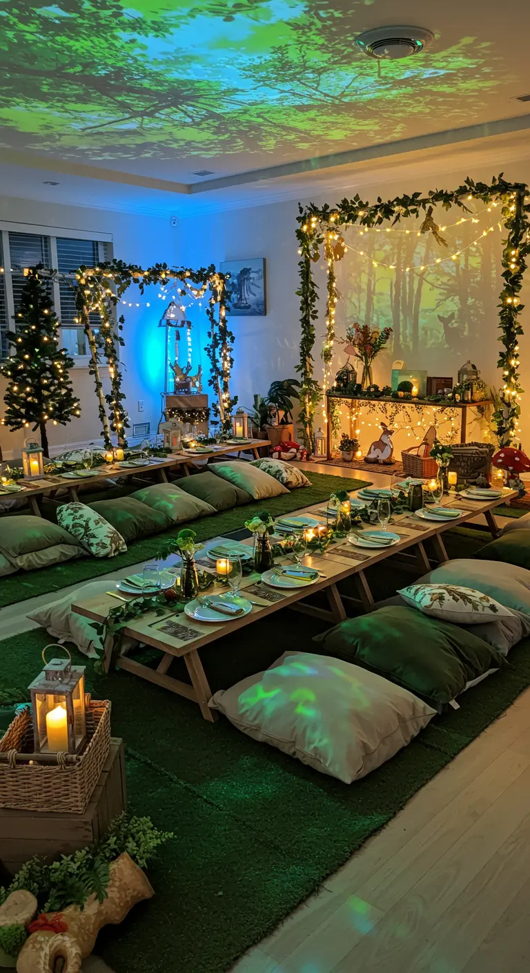 Sfeervolle indoor picknick met groen tapijt, kussens, lage tafels en bosprojectie.