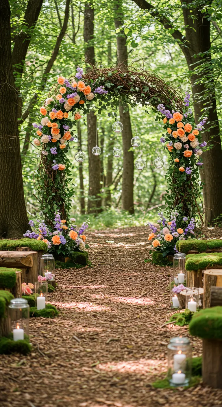 Bosceremonie met takkenboog, perzik/oranje bloemen en hangende glazen kaarsenhouders.