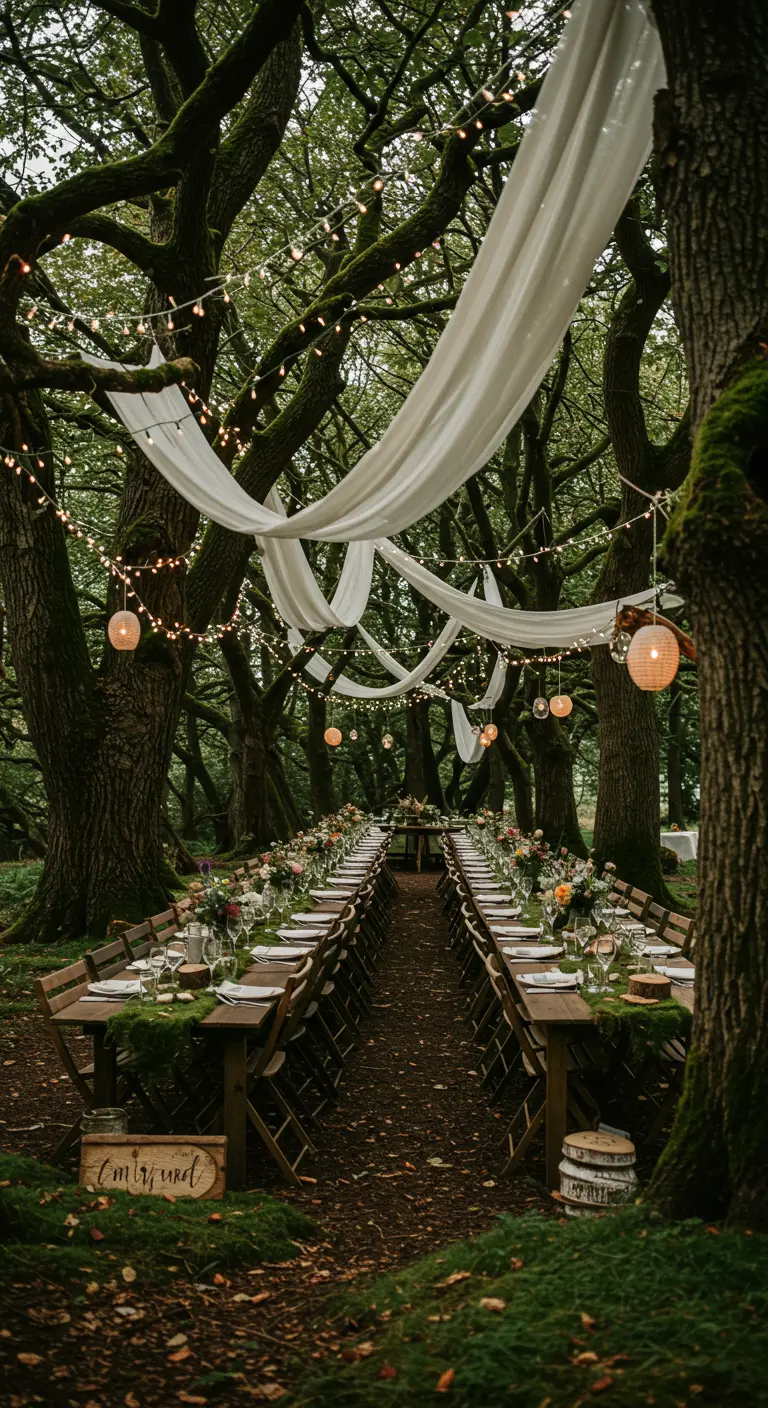 Lange dinertafel in bos met witte stofdraperie, lichtslingers en bloemdecoraties.