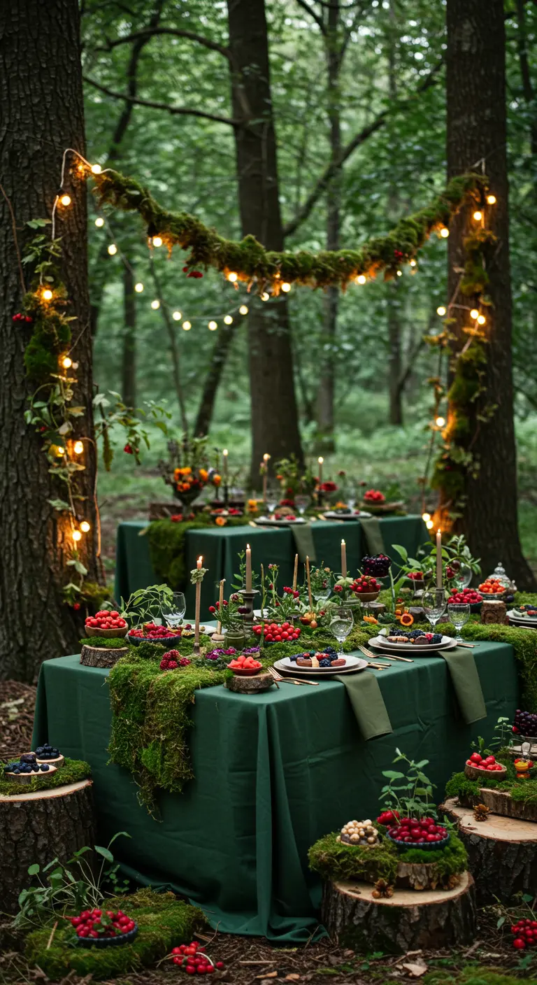 Tafel in een bossetting met mos als loper, bessen op boomstronkjes en sfeerlichtjes.