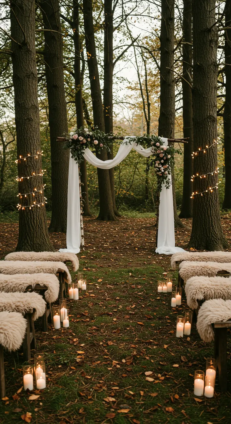 Buiten trouwceremonie in bos met houten bankjes, vachtjes, kaarsen en simpele backdrop.