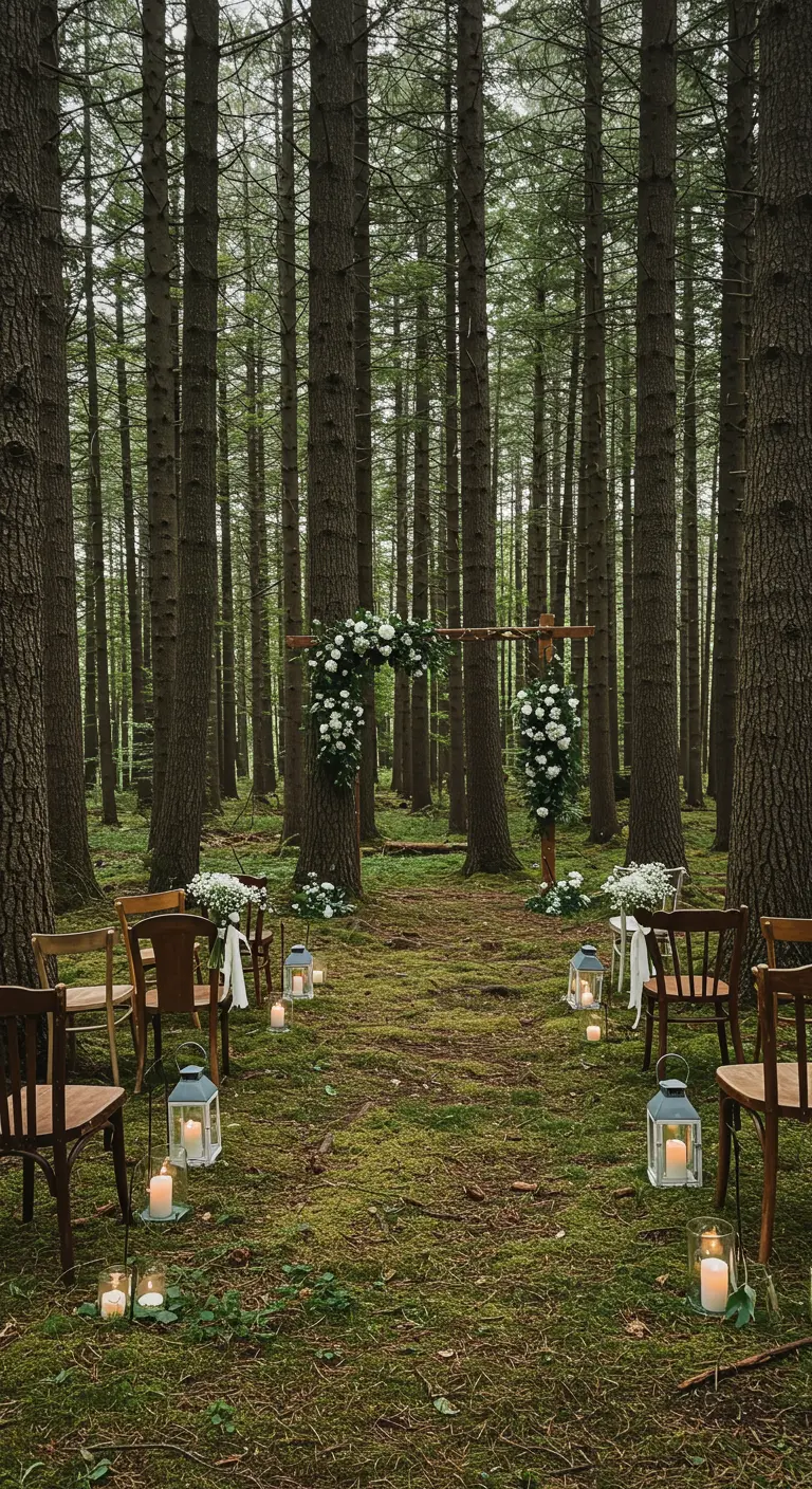Trouwceremonie in het bos met houten boog, witte bloemen en lantaarns.