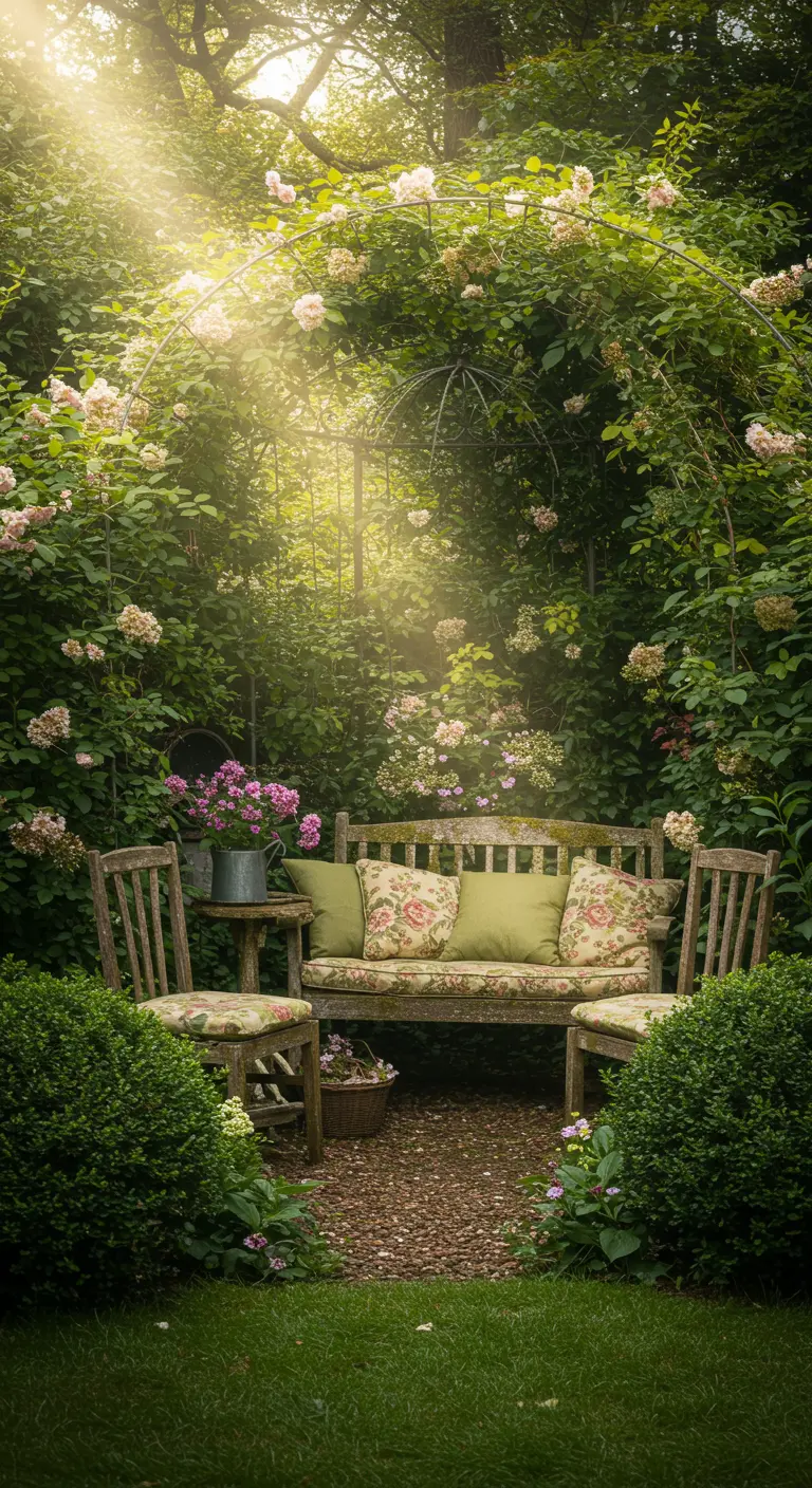 Houten bankje en stoelen onder een rozenboog in een weelderige tuin, kussens met bloemenprint.