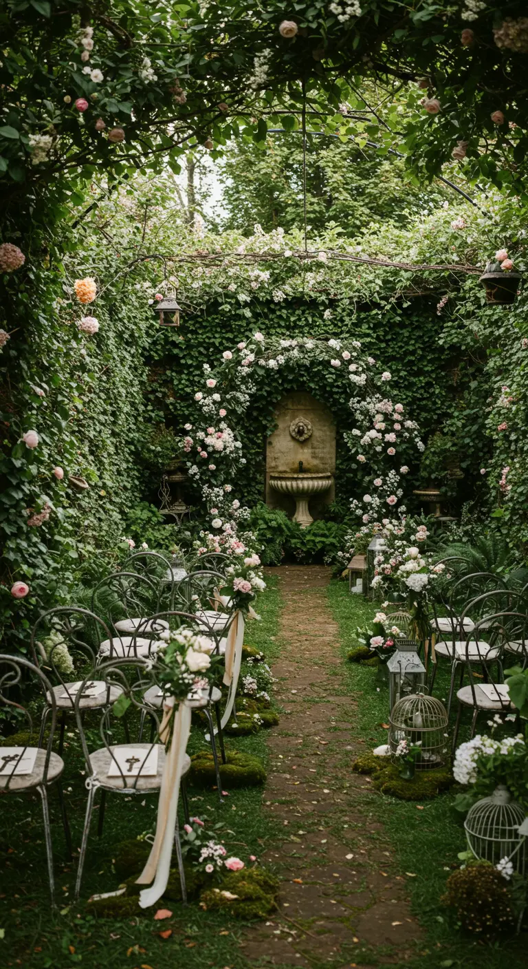 Intieme tuin ceremonie met metalen stoelen, rozen, klimop en een oude fontein.