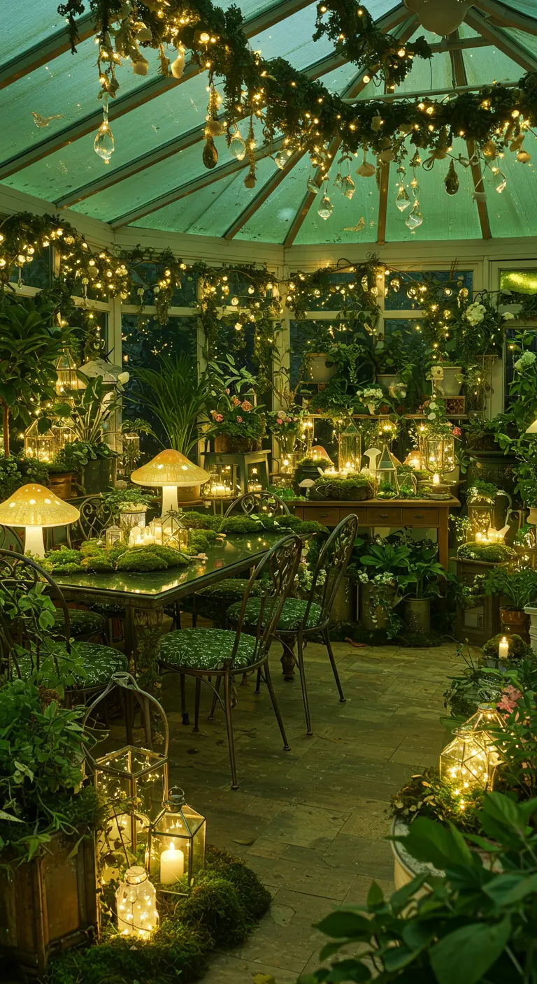 Serre omgetoverd tot betoverende tuinkamer met groene planten en warmwitte lichtslingers.
