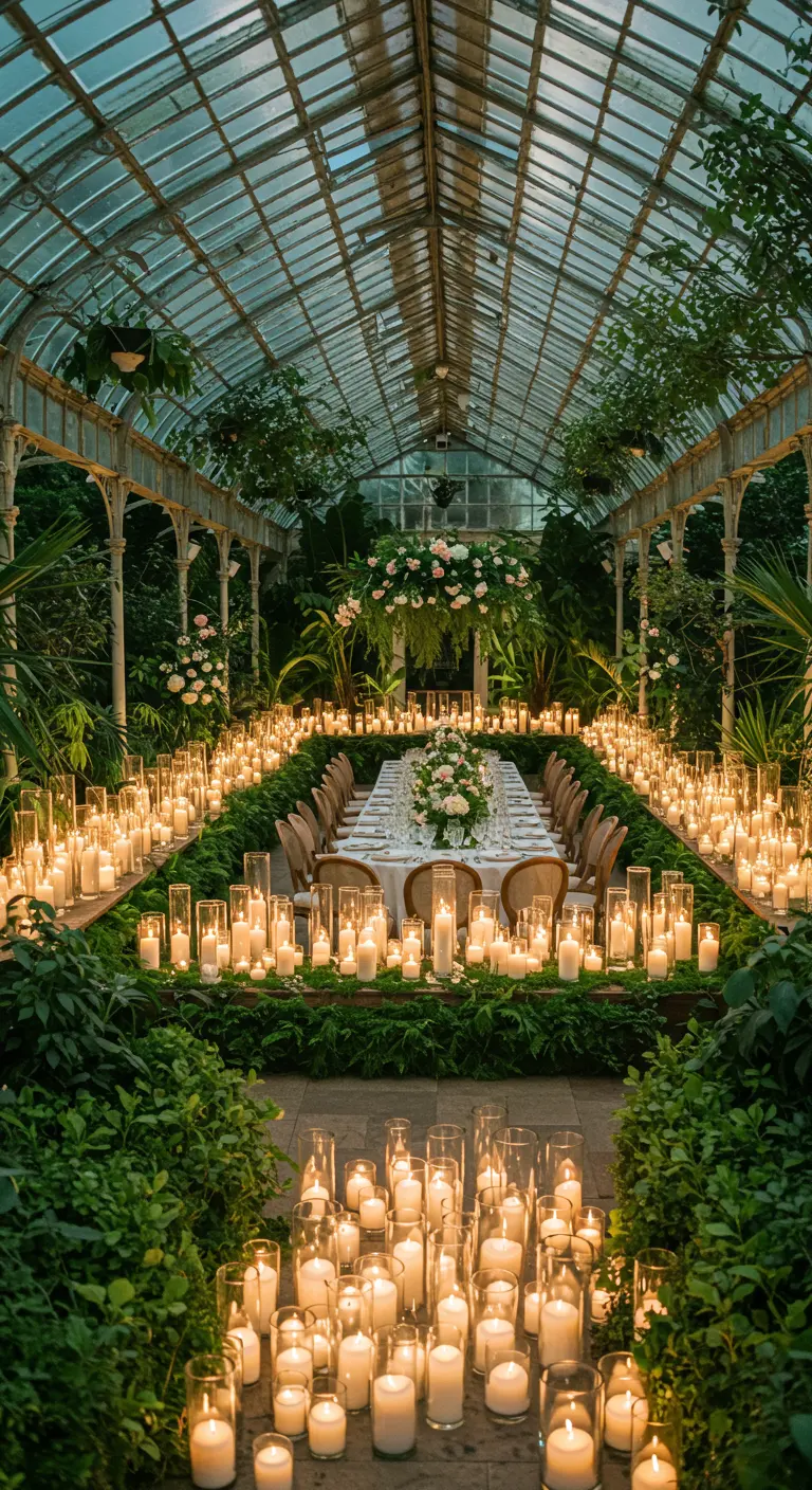 Kas met lange dinertafel, omringd door honderden kaarsen in glazen cilinders en planten.