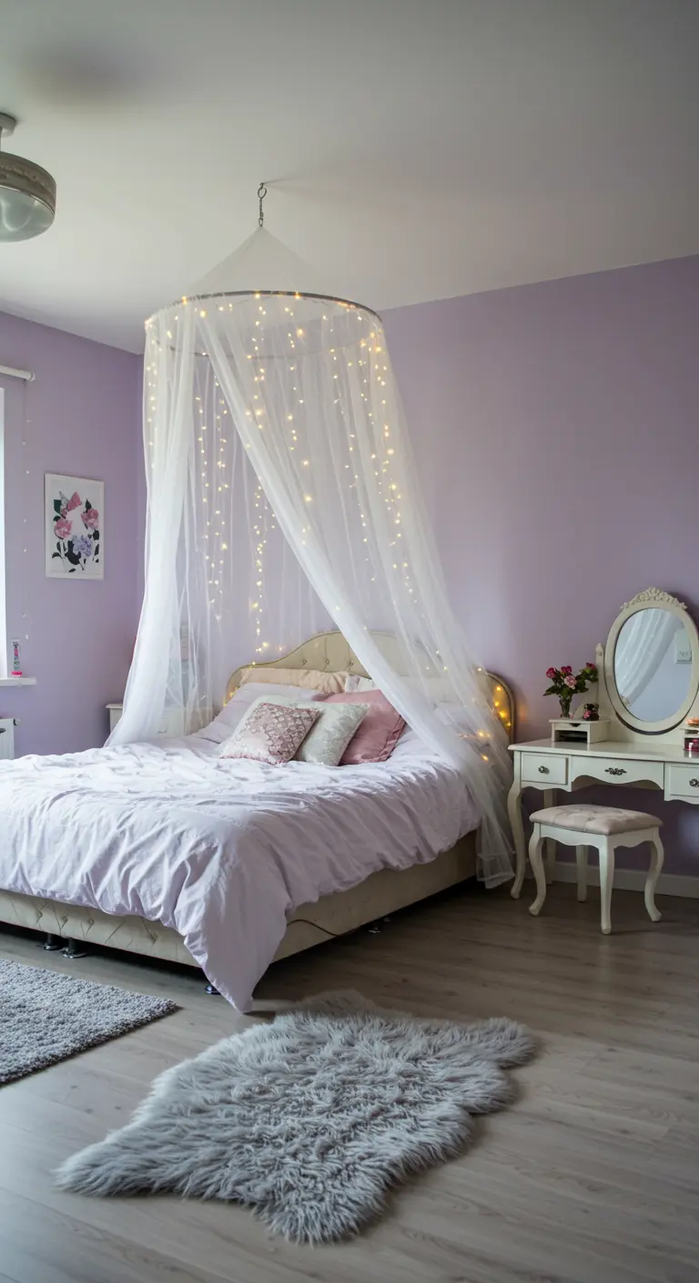 Slaapkamer met bed onder een klamboe versierd met lichtjes, lila muren.