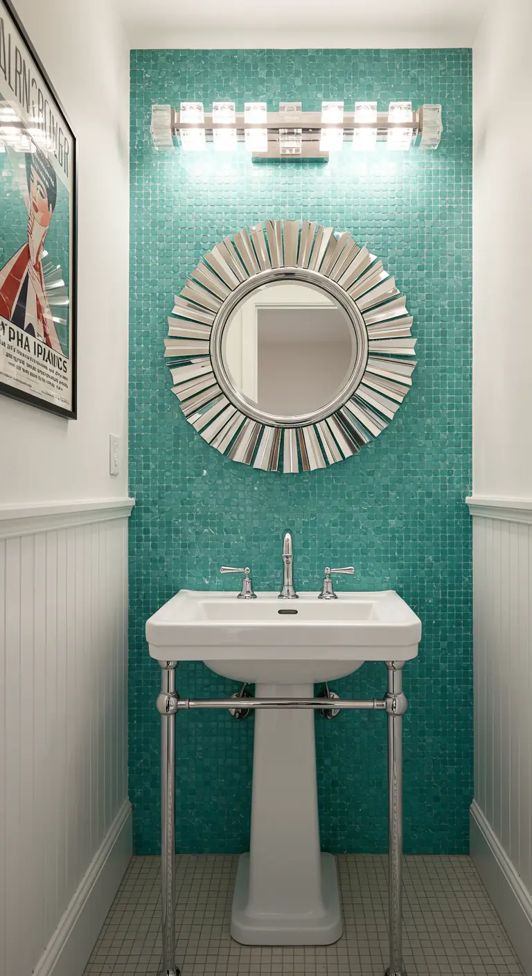 Compact toilet met turquoise mozaïek accentwand en opvallende zonnespiegel.