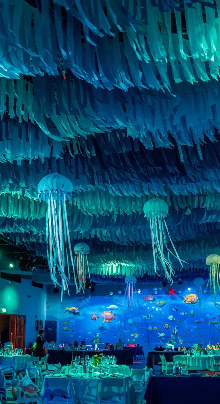 Feestzaal met onderwaterthema, papieren kwallen en blauwgroene slingers aan het plafond.