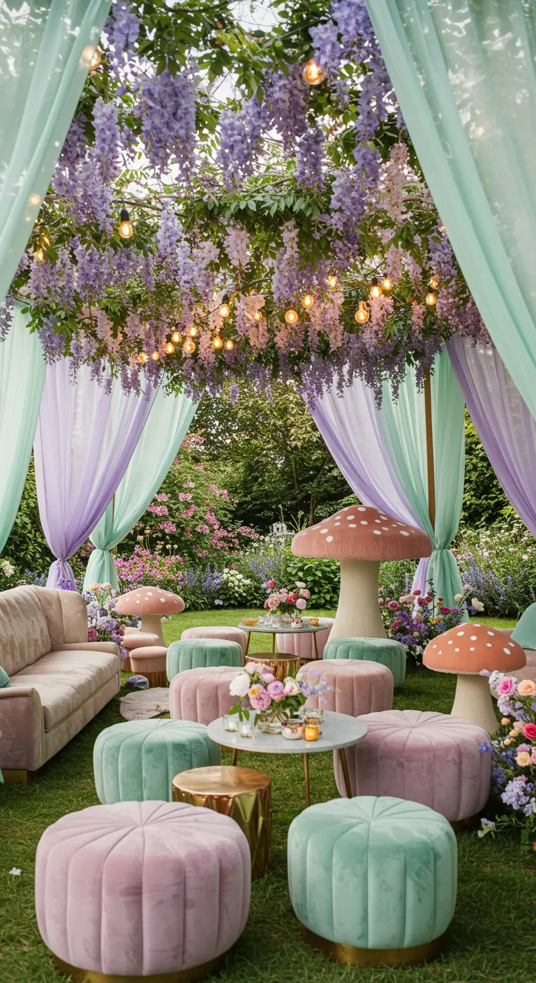 Sprookjesachtige lounge onder tent van pastelkleurige doeken en hangende bloemen.