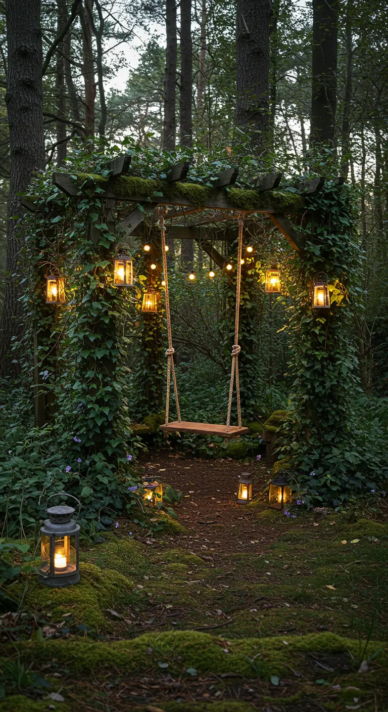 Pergola volledig overwoekerd met klimop, houten schommelplank, lichtslingers en lantaarns in een bosrijke omgeving.