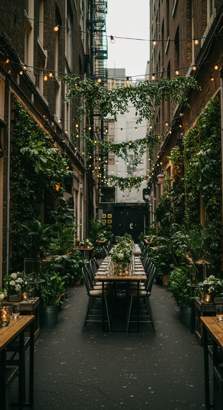 Smalle steeg omgetoverd tot dinerlocatie met klimop, lichtsnoeren en lange tafel.