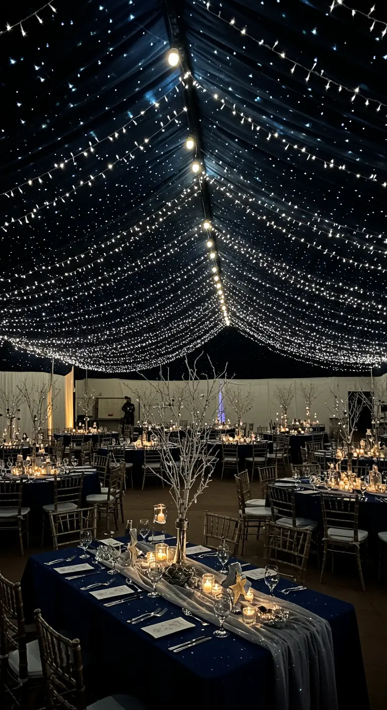 Donkere bruiloftstent met duizenden lichtjes aan het plafond en tafels met zilveren takken.
