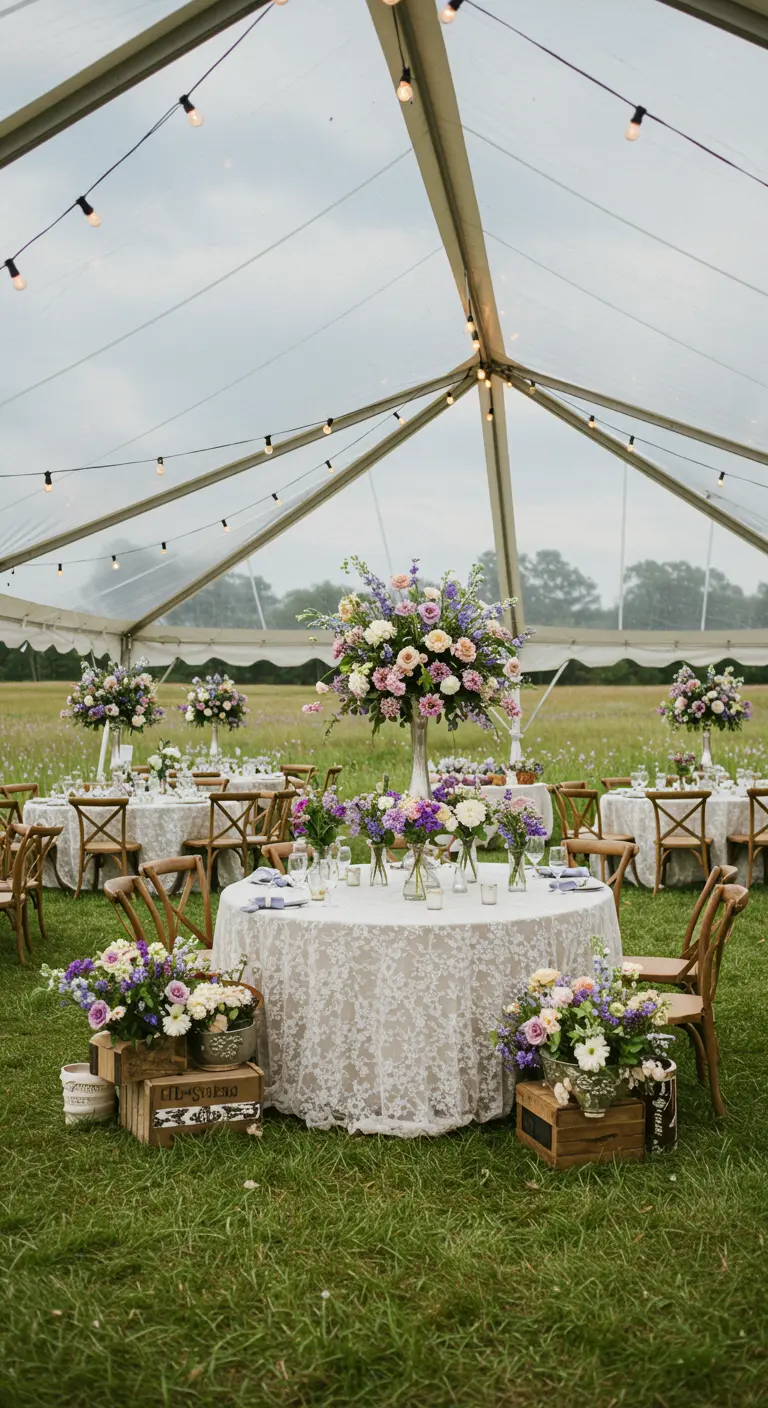 Ronde tafels met kanten tafelkleden en hoge bloemstukken onder een transparante tent.