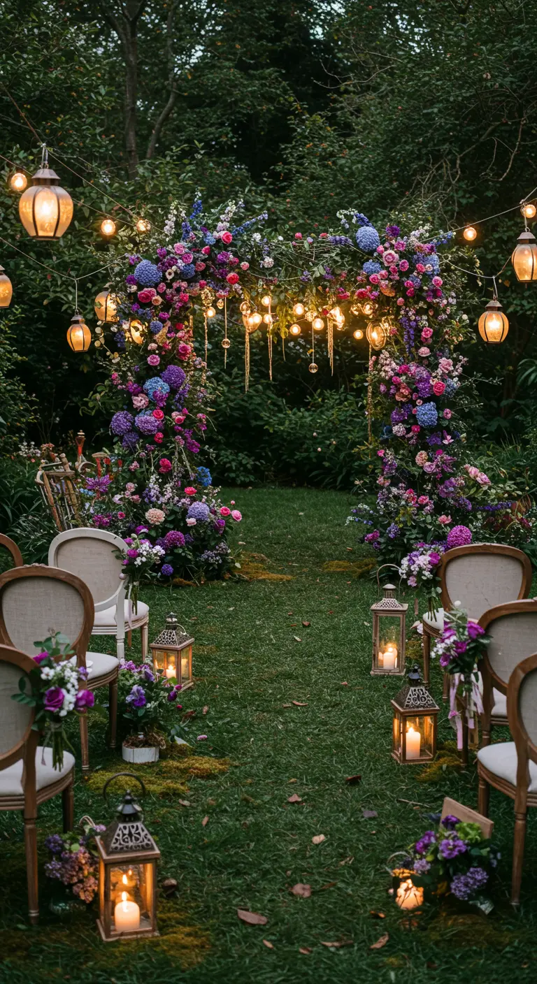 Sprookjesachtige tuin ceremonie-opstelling met een overvloed aan bloemen, lantaarns en lichtjes.